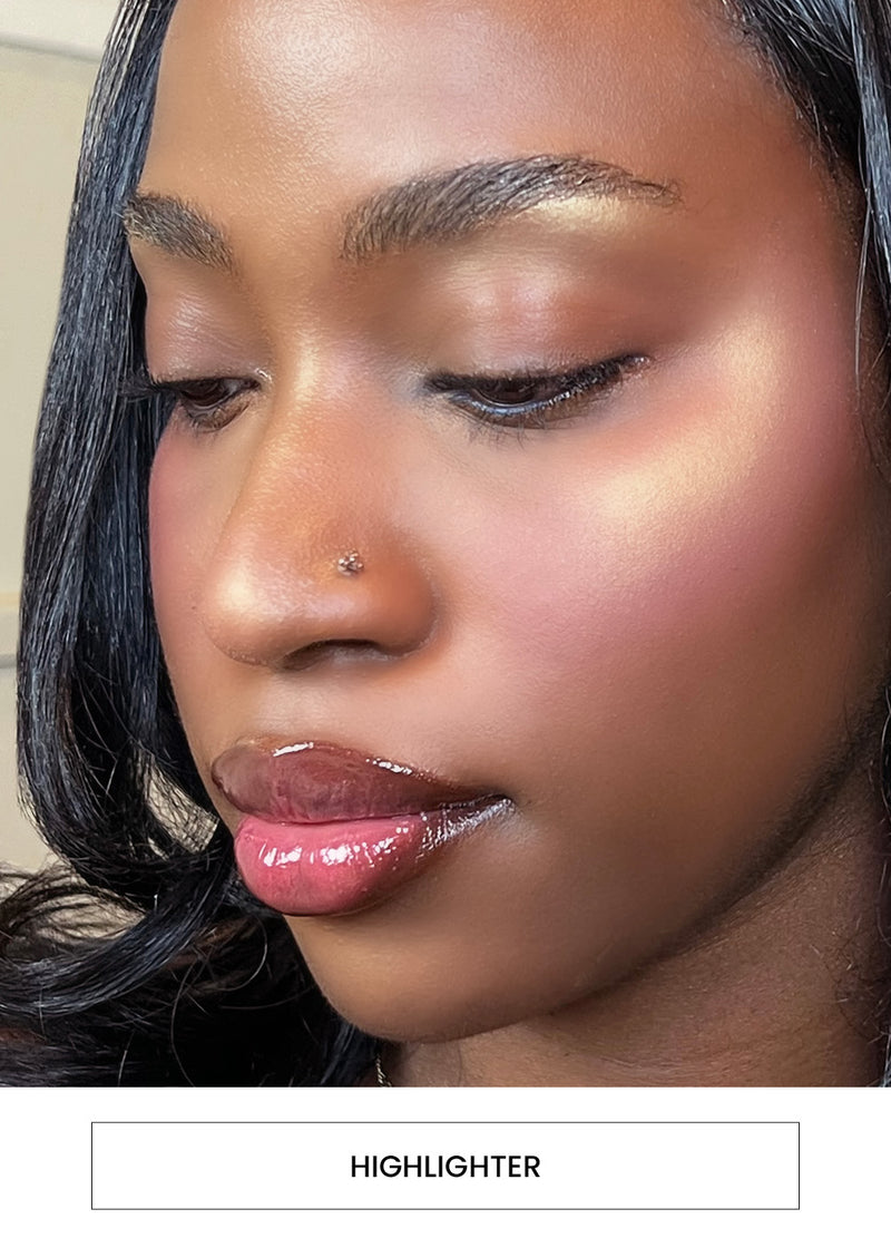 Image of a woman wearing highlighter on cheek bone, nose and brow  alongside a  “Highlighter” button