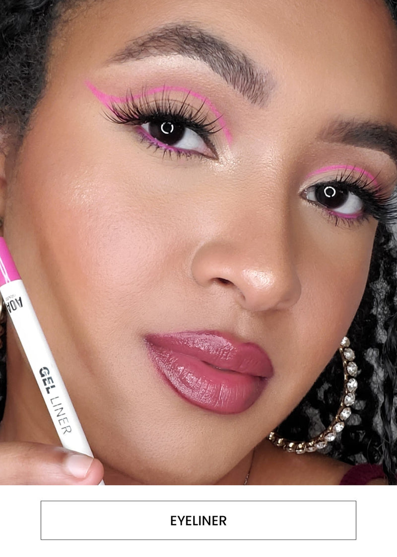 Image of a woman wearing pink eyeliner on her eye while holding an AOA Gel Liner alongside a  “Eyeliner” button
