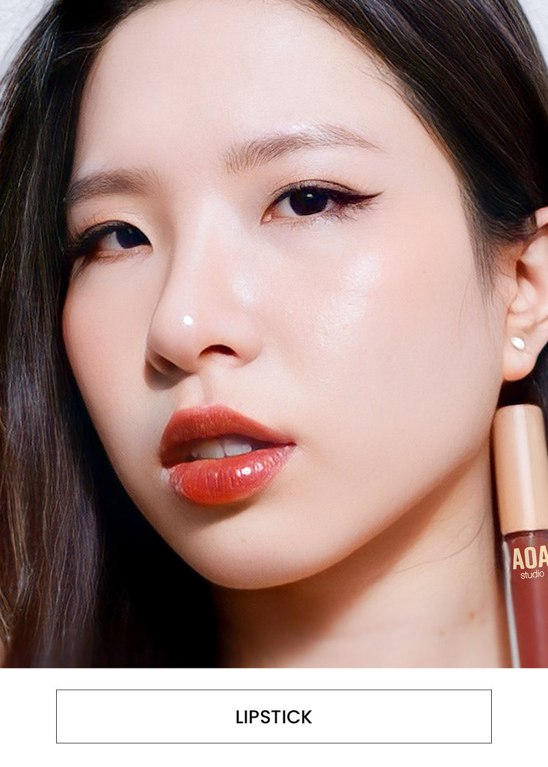 Image of a woman wearing lipstick alongside a “Lipstick” button