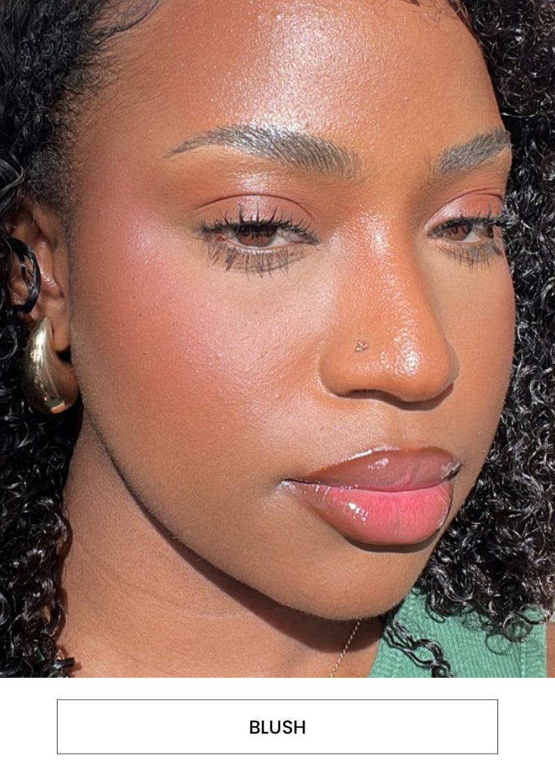 Image of a woman wearing blush alongside a “Blush” button