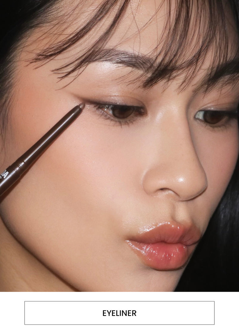 Image of a woman applying brown eyeliner. Followed by a "Eyeliner" button.