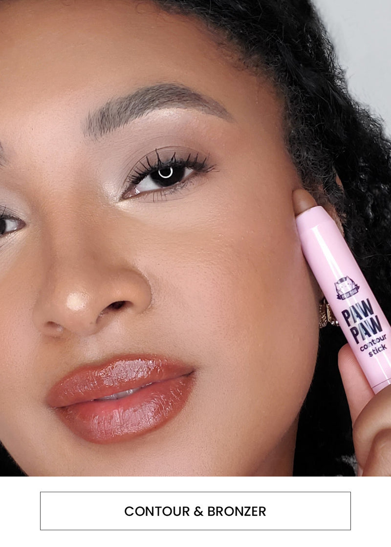 Image of a woman wearing contour makeup look while holding a contour stick. Followed by a "Contour & Bronzer" button.