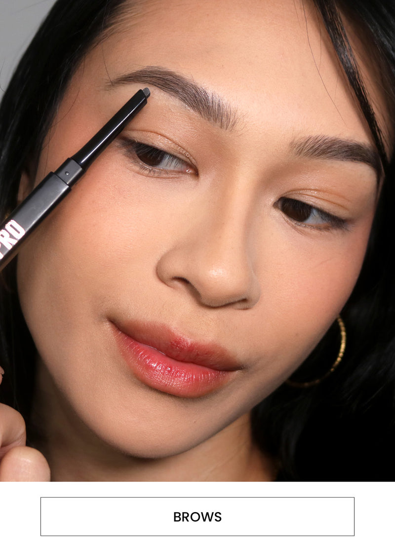 Image of a woman applying eyebrow pencil alongside a  “Brows” button