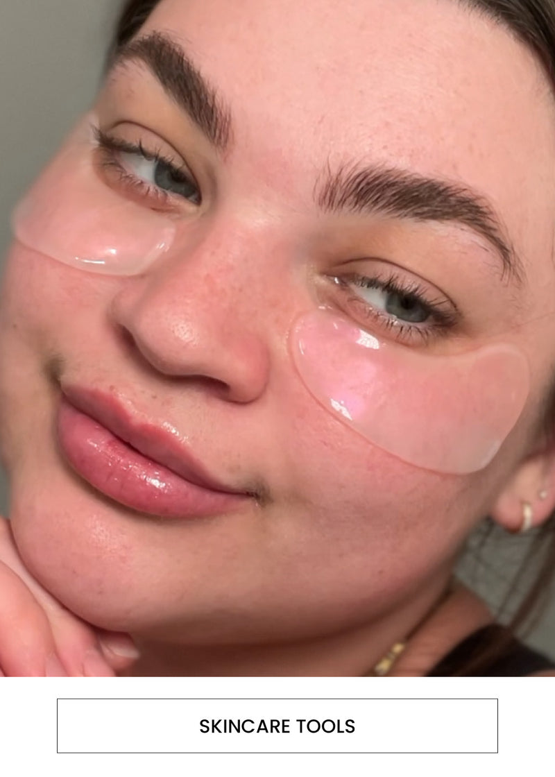 Image of a woman wearing under eye skincare eye patches alongside a  “Skincare Tools” button