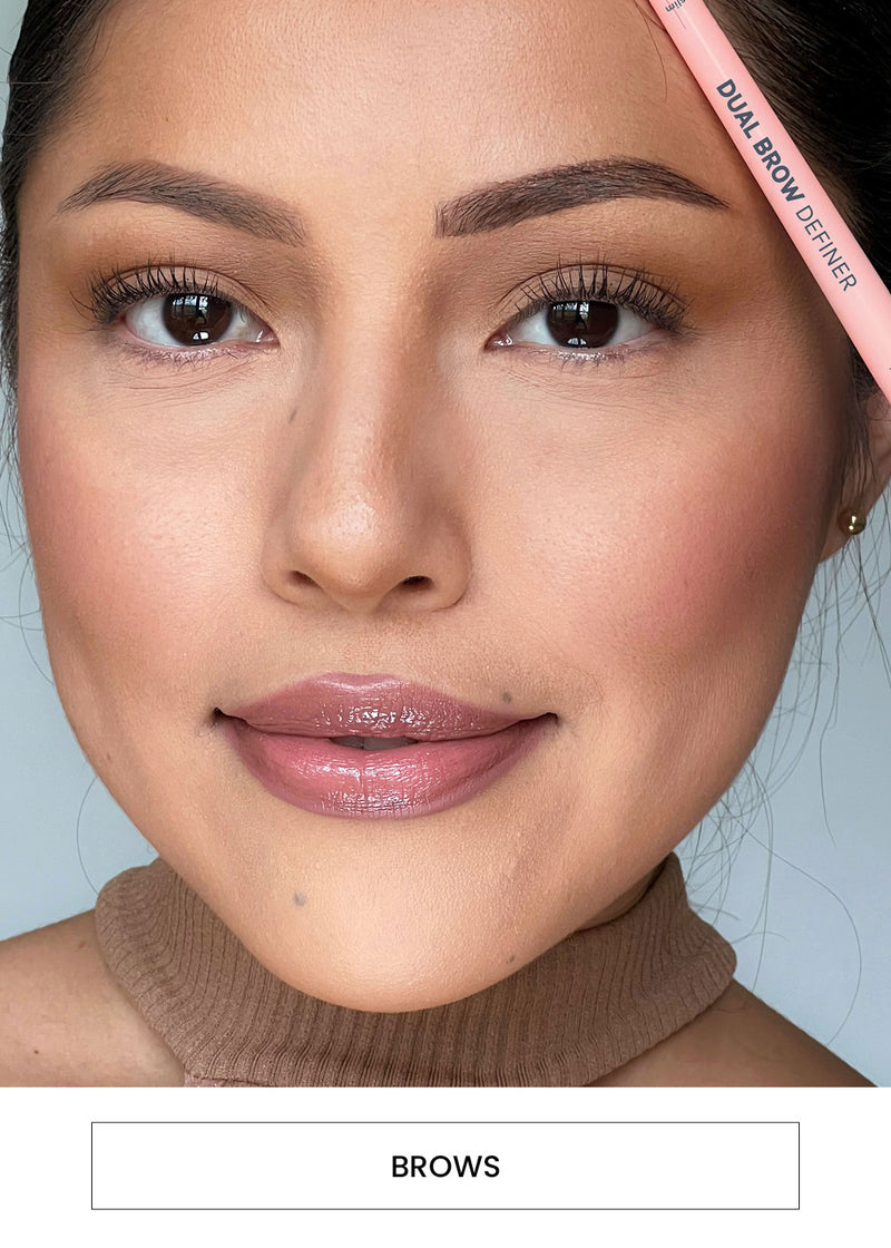 Image of a woman wearing the Dual Brow Definer on her brows alongside a “Eyebrow” button