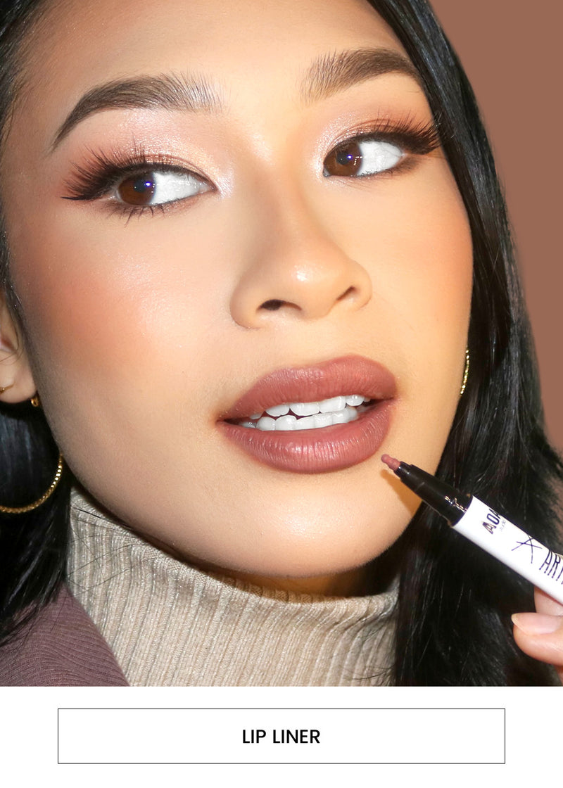 Image of a woman wearing a Artista Lip Liner alongside a “Lip Liner” button