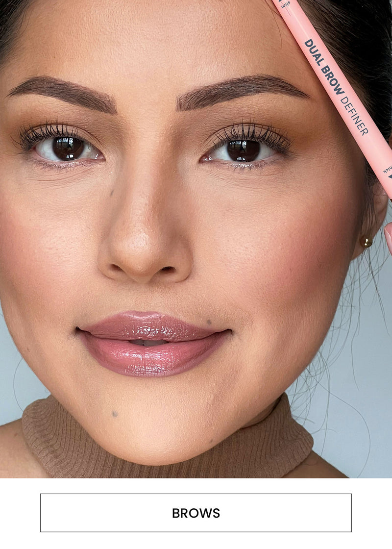 Image of a woman wearing  Dual Brow Definer alongside a  “Brows” button
