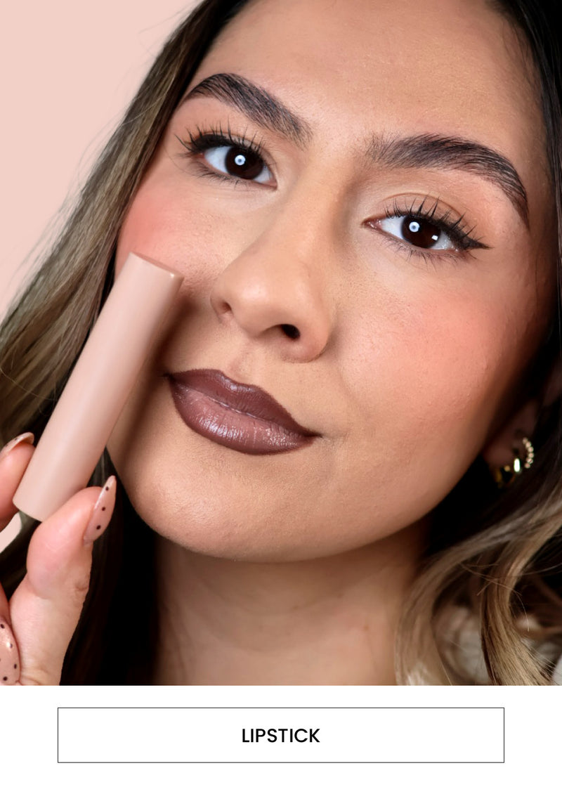 Image of a woman wearing a nude lipstick color alongside a “Lipstick” button