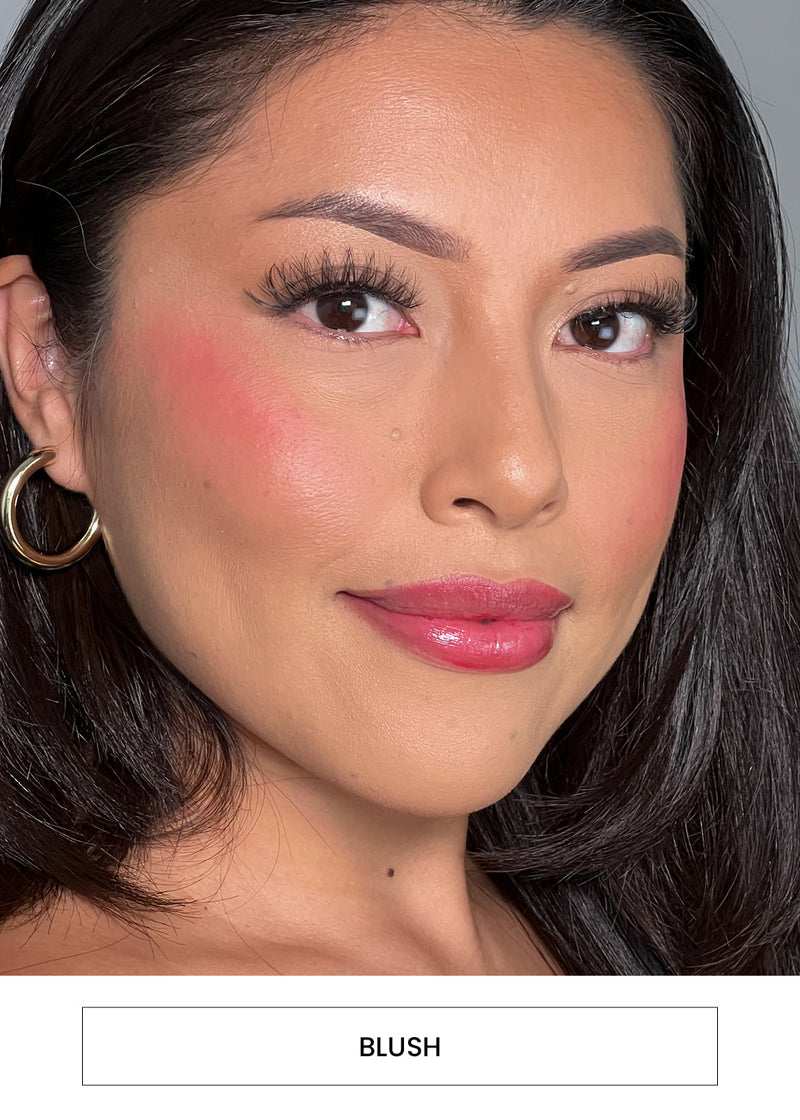 Image of a woman wearing pink blush alongside a “Blush” button