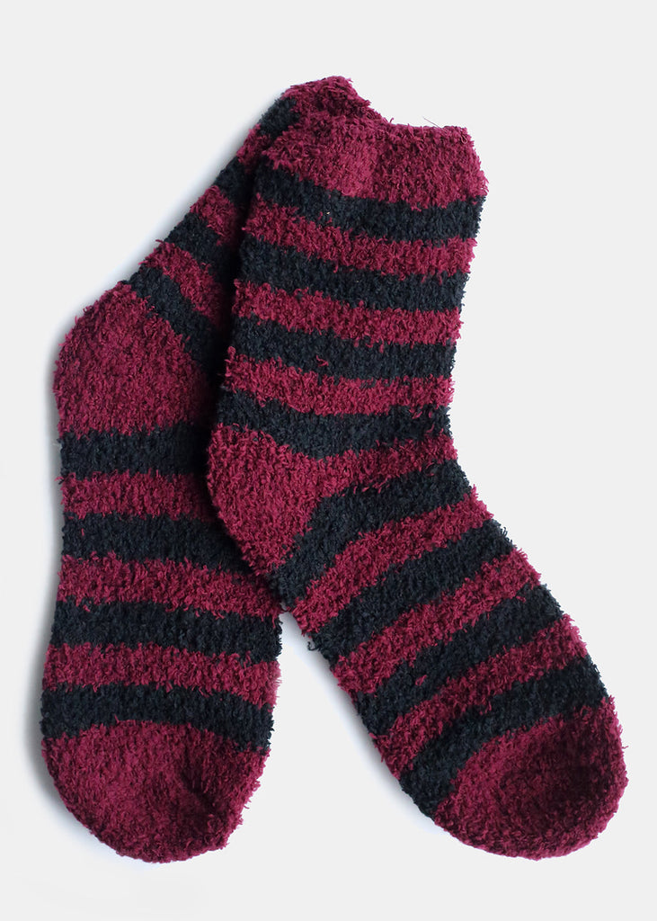 Fuzzy Socks with Stripes Black/red ACCESSORIES - Shop Miss A