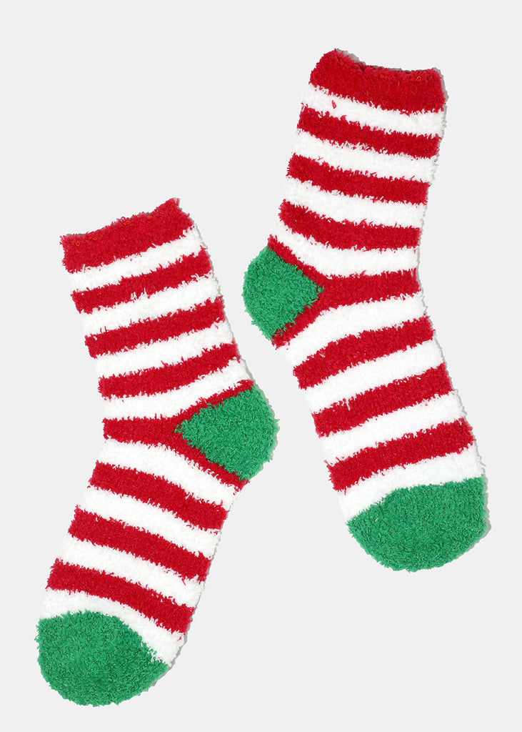 Miss A Christmas Fuzzy Socks - Red White Stripe  ACCESSORIES - Shop Miss A