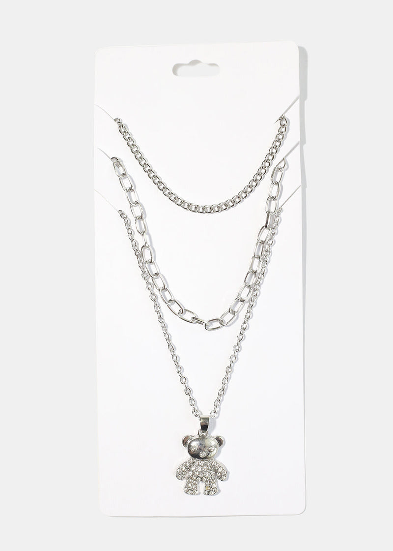 Teddy Bear Layered Necklace Silver JEWELRY - Shop Miss A