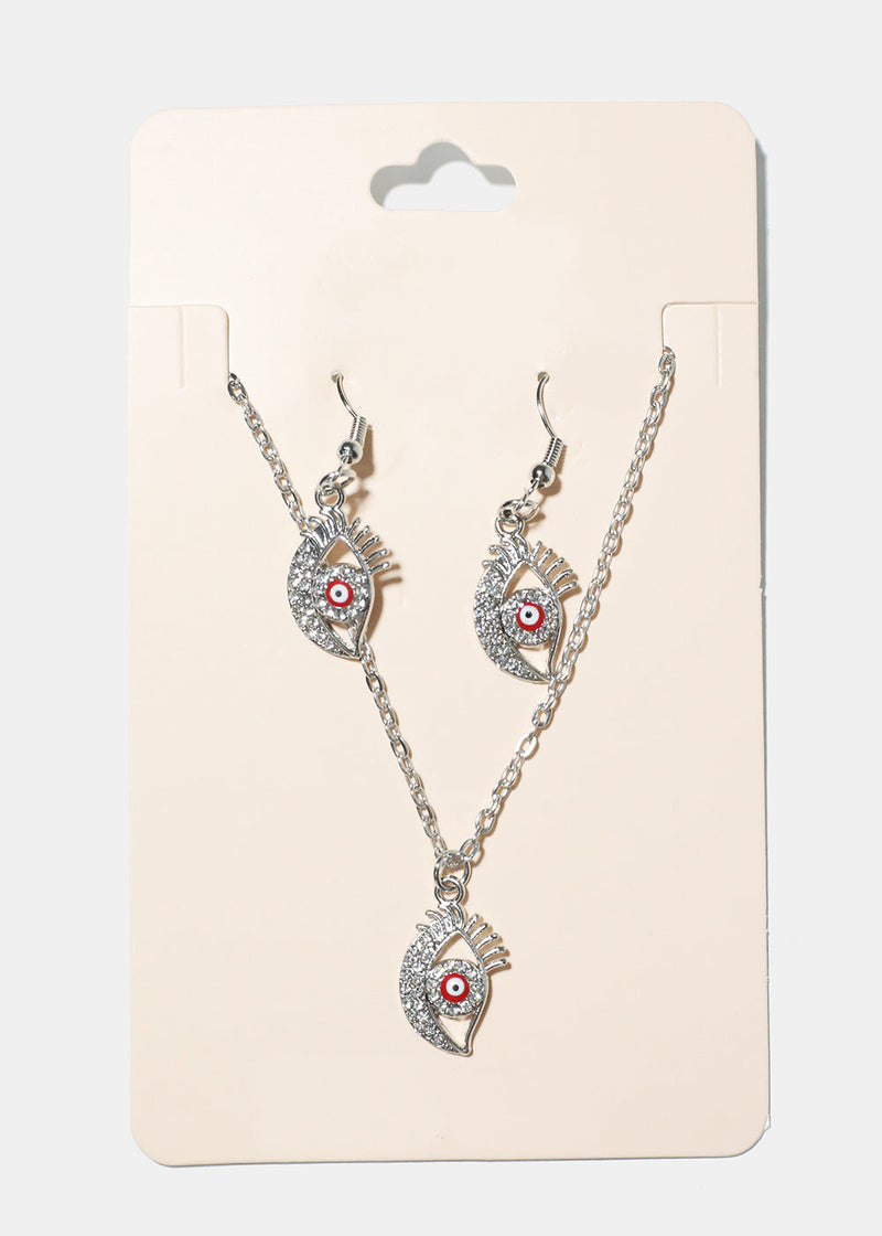 Evil Eye Necklace & Earring Set Red/Silver JEWELRY - Shop Miss A