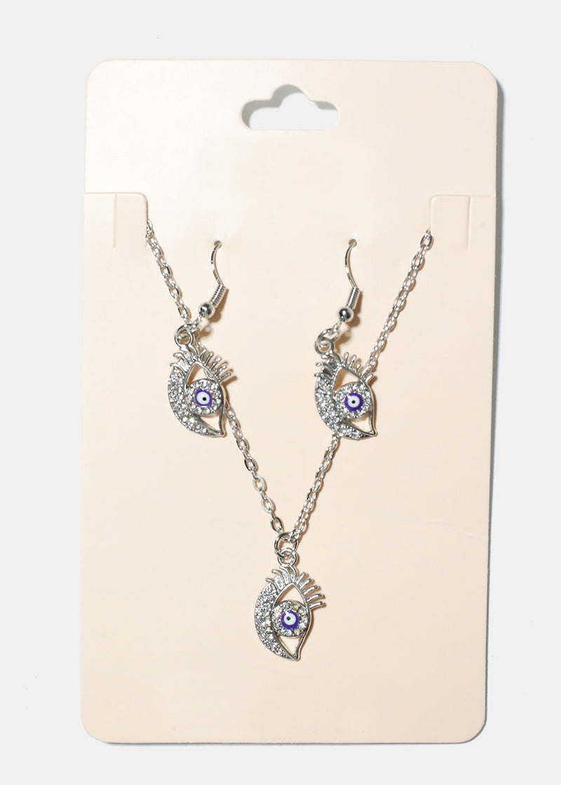 Evil Eye Necklace & Earring Set Purple/Silver JEWELRY - Shop Miss A