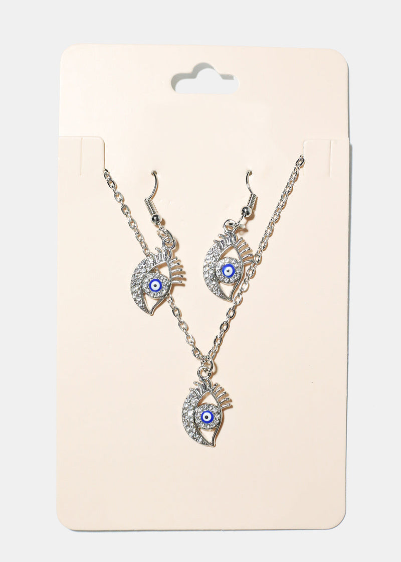 Evil Eye Necklace & Earring Set Blue/Silver JEWELRY - Shop Miss A