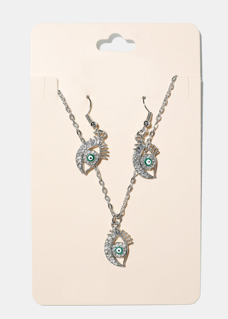 Evil Eye Necklace & Earring Set Green/Silver JEWELRY - Shop Miss A