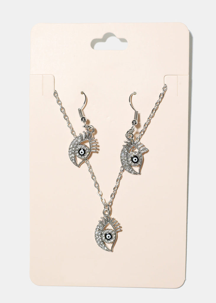 Evil Eye Necklace & Earring Set Black/Silver JEWELRY - Shop Miss A