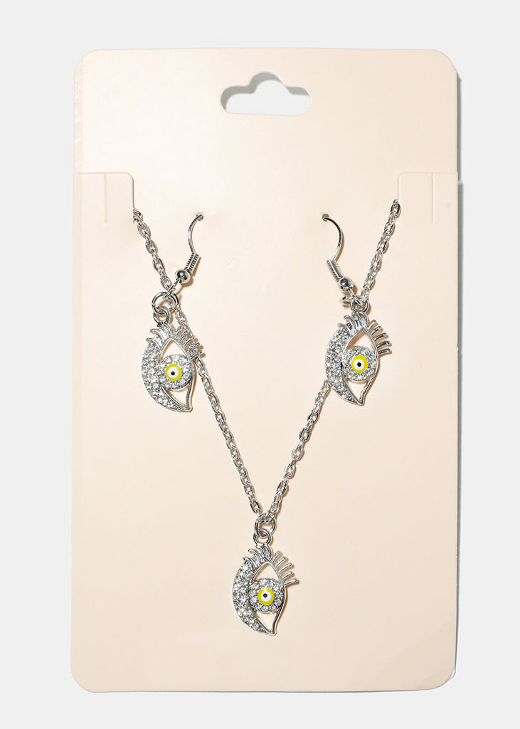 Evil Eye Necklace & Earring Set Yellow/Silver JEWELRY - Shop Miss A
