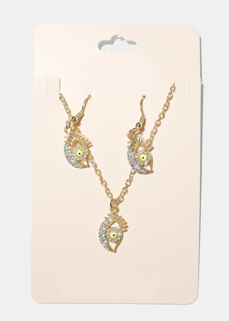 Evil Eye Necklace & Earring Set Yellow/Gold JEWELRY - Shop Miss A
