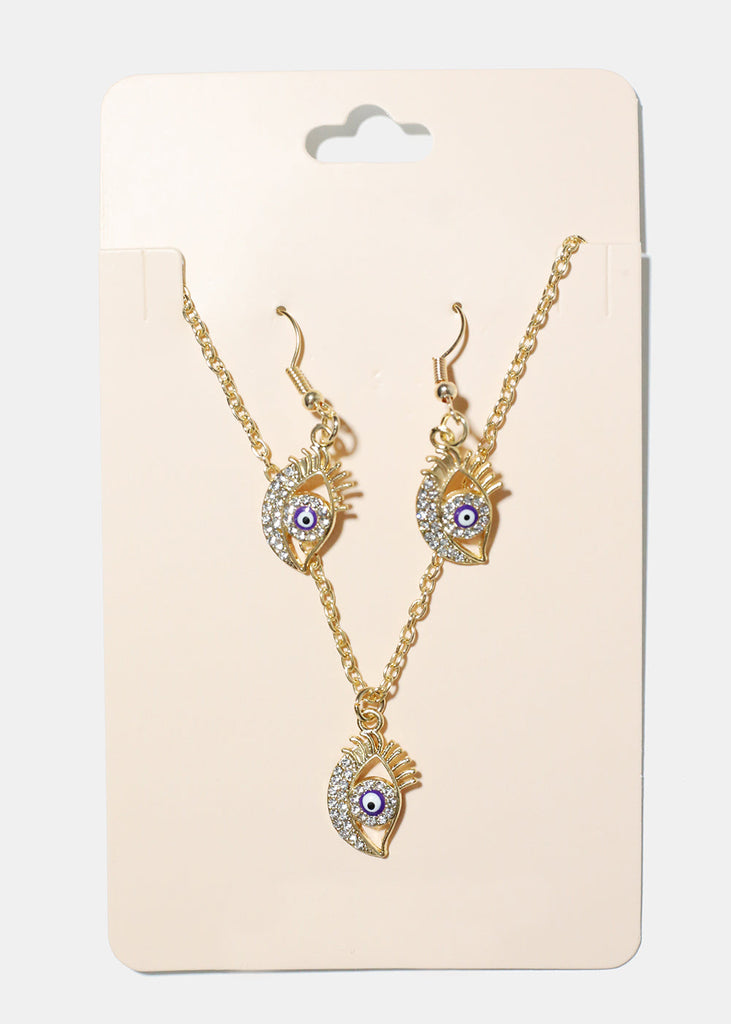 Evil Eye Necklace & Earring Set Purple/Gold JEWELRY - Shop Miss A
