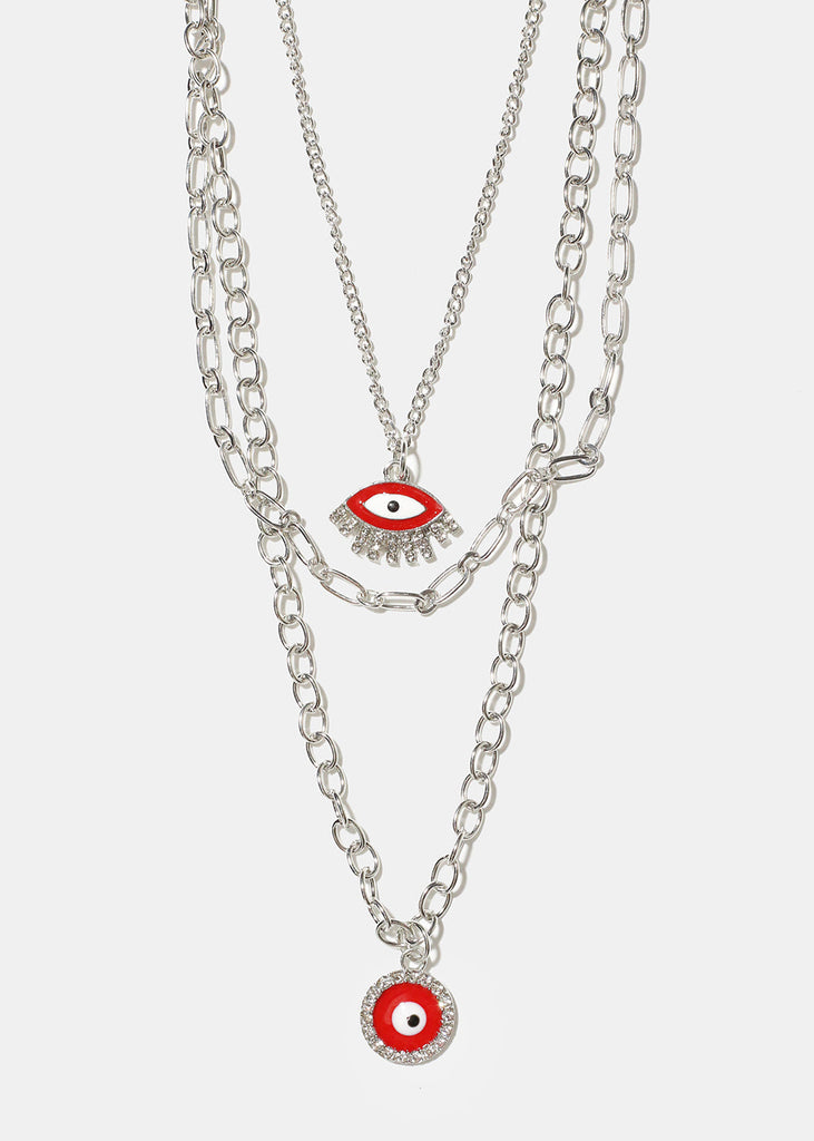 Layered Evil Eye Necklace Red/Silver JEWELRY - Shop Miss A