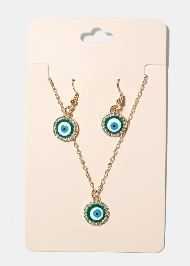 Evil Eye & Necklace Earring Set Green/Gold JEWELRY - Shop Miss A