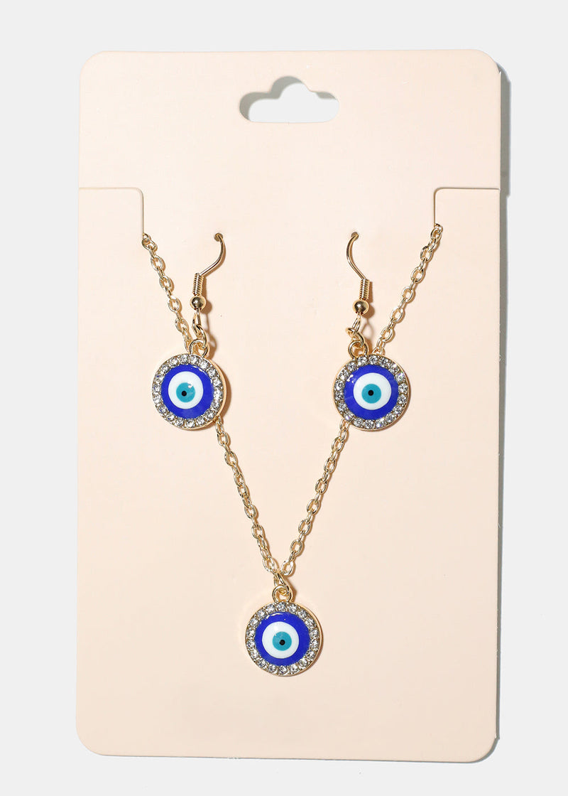 Evil Eye & Necklace Earring Set Blue/Gold JEWELRY - Shop Miss A