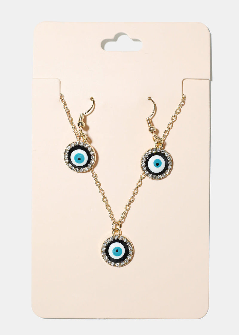 Evil Eye & Necklace Earring Set Black/Gold JEWELRY - Shop Miss A