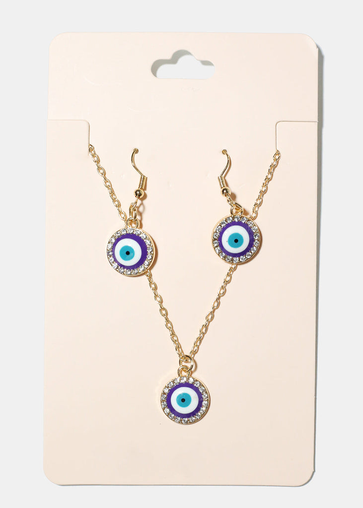Evil Eye & Necklace Earring Set Purple/Gold JEWELRY - Shop Miss A