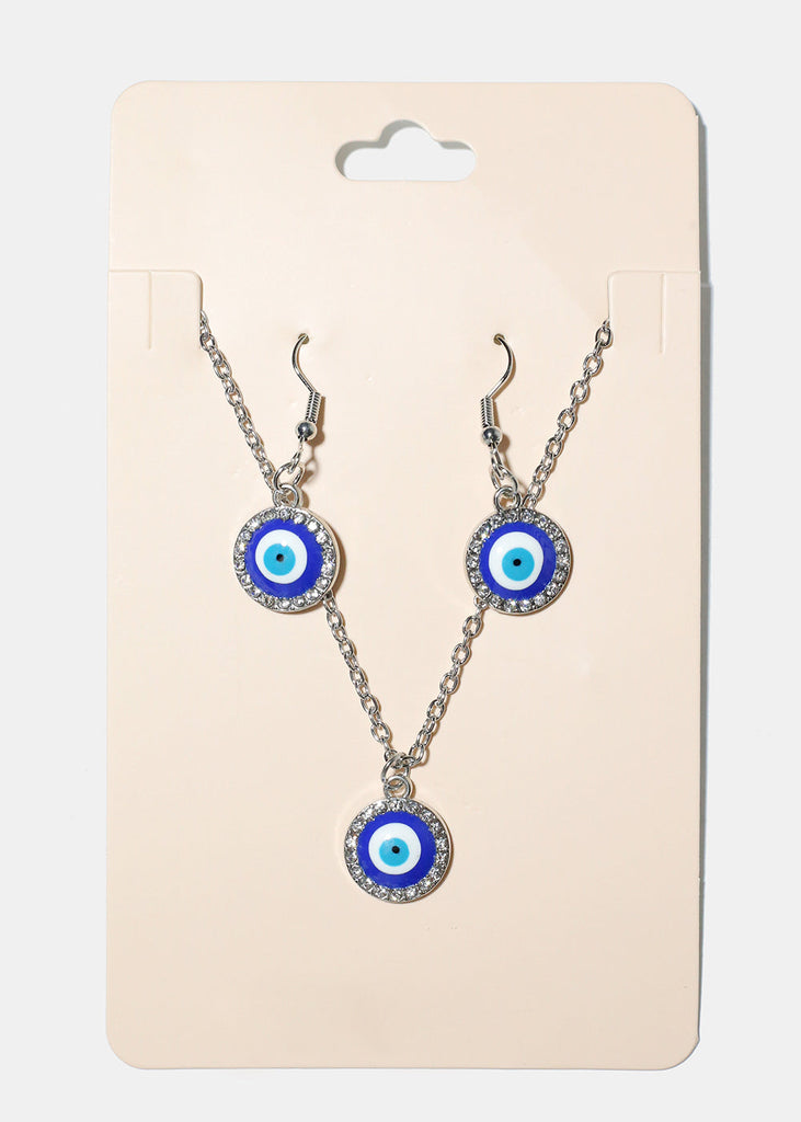 Evil Eye & Necklace Earring Set Blue/Silver JEWELRY - Shop Miss A