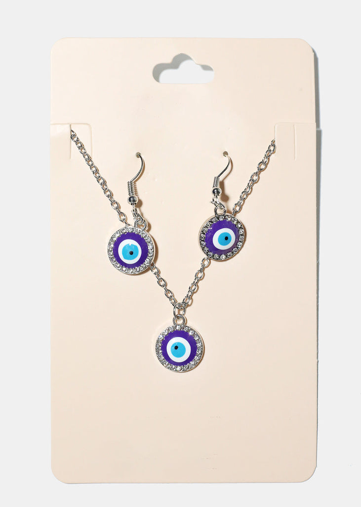 Evil Eye & Necklace Earring Set Purple/Silver JEWELRY - Shop Miss A