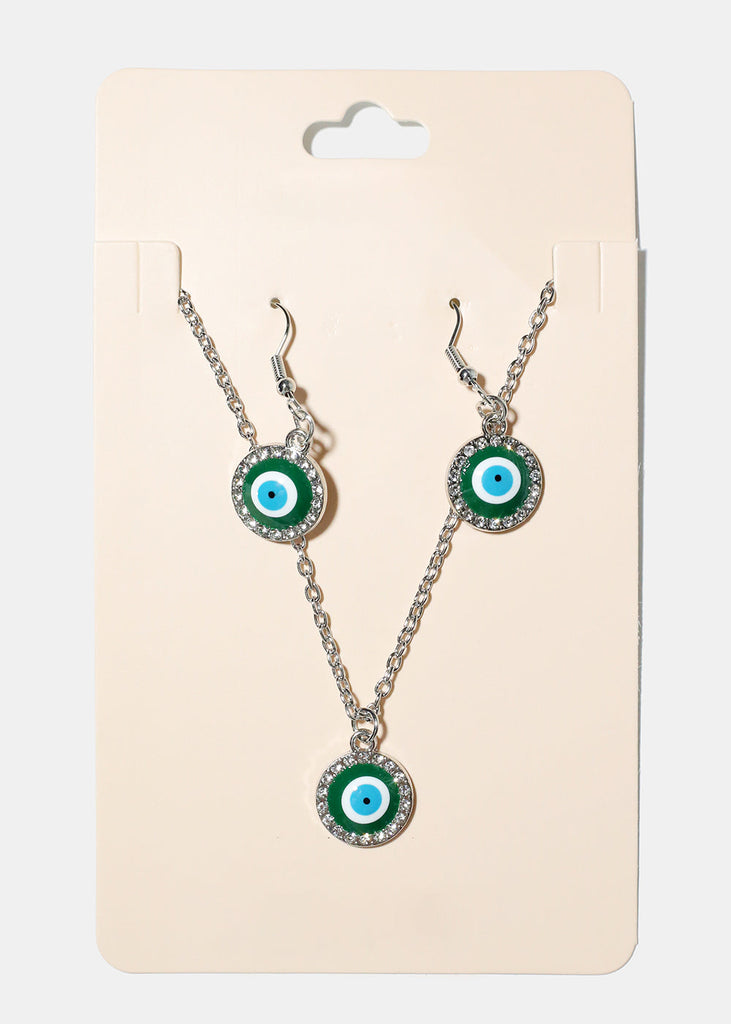 Evil Eye & Necklace Earring Set Green/Silver JEWELRY - Shop Miss A