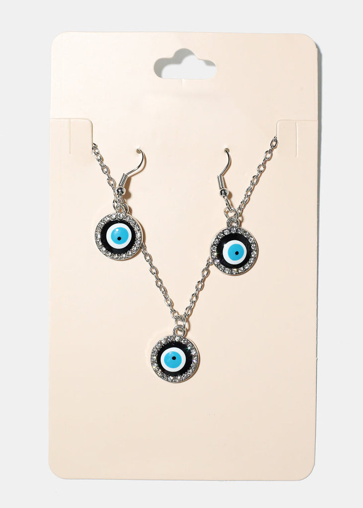 Evil Eye & Necklace Earring Set Black/Silver JEWELRY - Shop Miss A