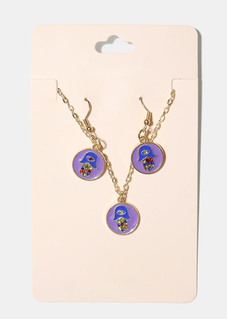 Hamsa Hand Pendant Necklace Purple/Gold JEWELRY - Shop Miss A