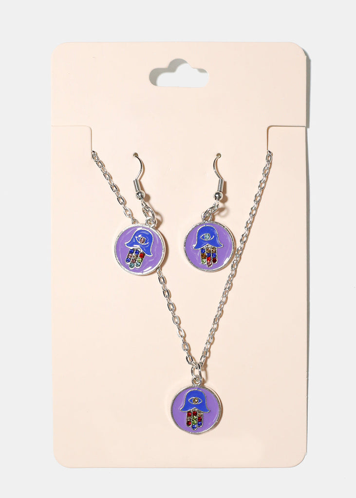 Hamsa Hand Pendant Necklace Purple/Silver JEWELRY - Shop Miss A