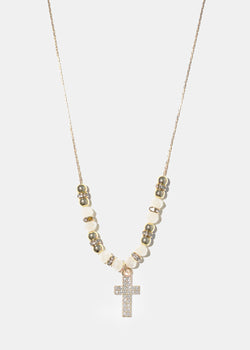 Rhinestone Cross Bead Necklace Grey JEWELRY - Shop Miss A