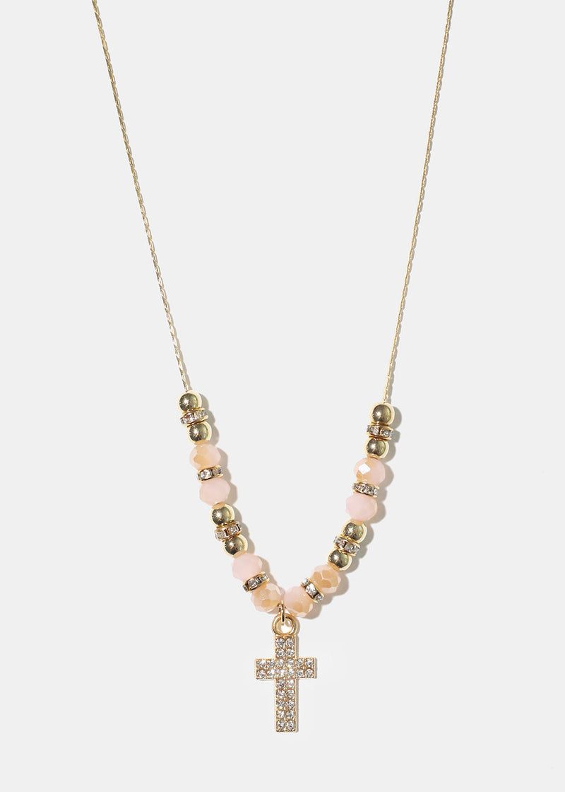 Rhinestone Cross Bead Necklace Cream JEWELRY - Shop Miss A