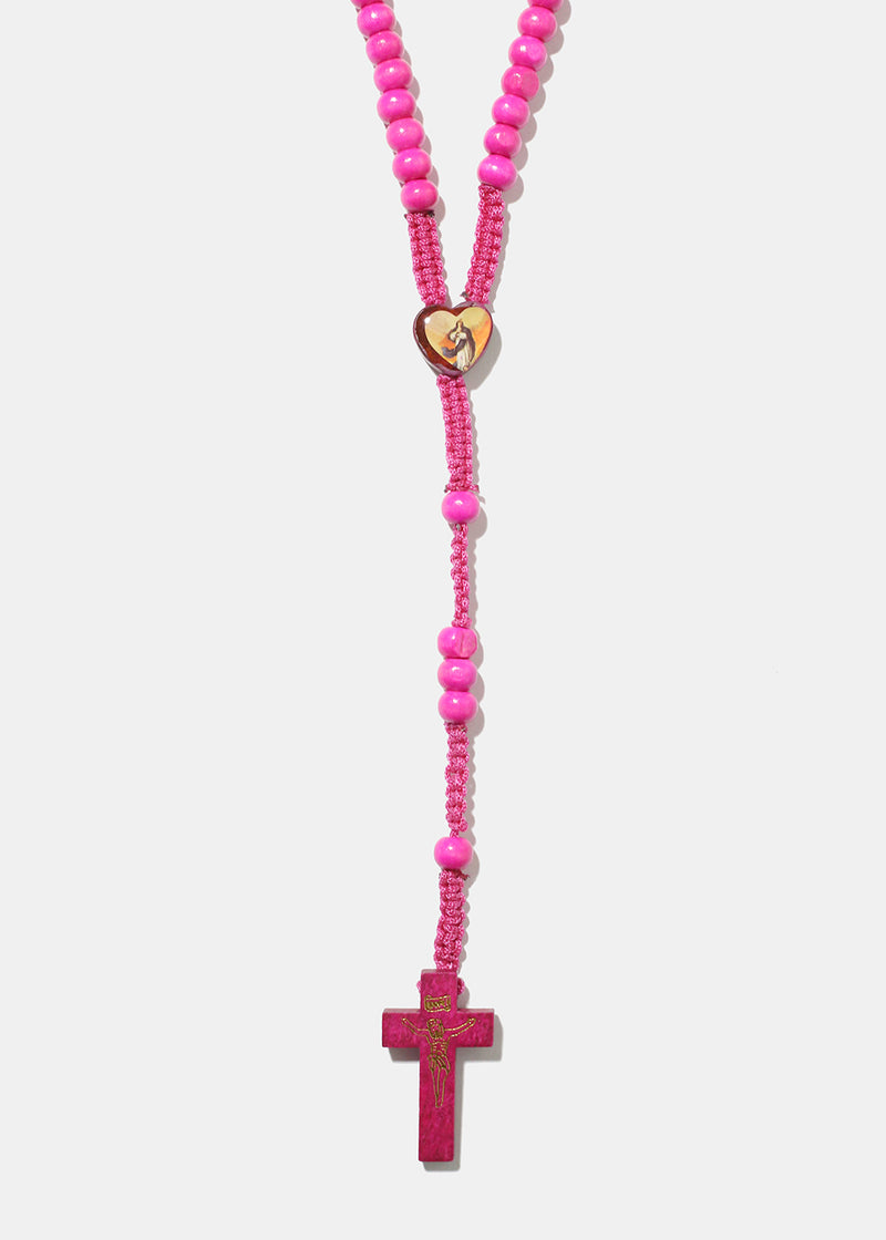 Wooden Color Rosary Necklace Pink JEWELRY - Shop Miss A