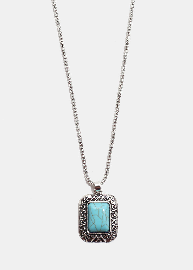 Turquoise Square Stone Necklace Silver JEWELRY - Shop Miss A