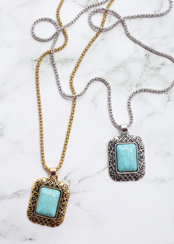 Turquoise Square Stone Necklace  JEWELRY - Shop Miss A