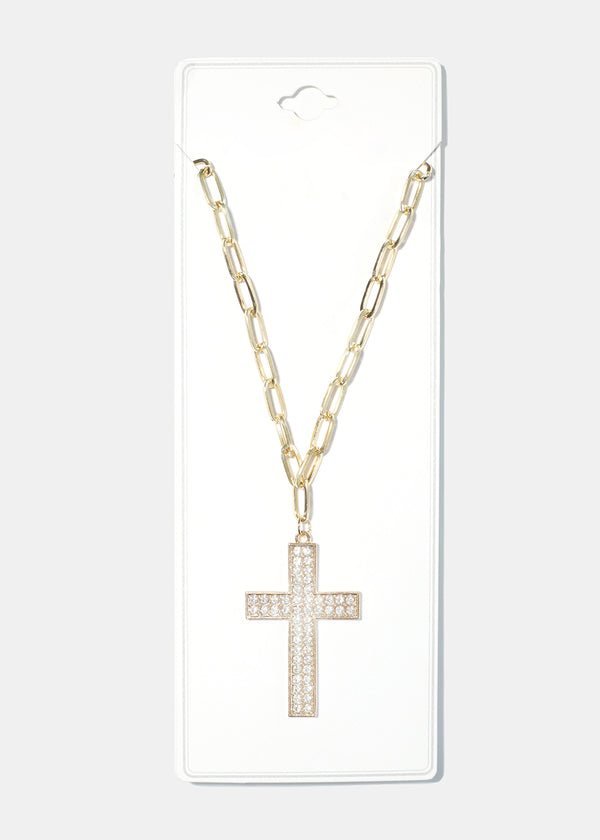 Rhinestone Cross Necklace Gold JEWELRY - Shop Miss A