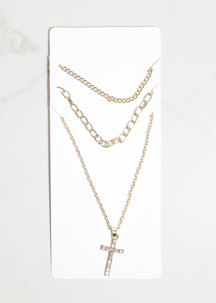 3 Layered Rhinestone Cross Necklace Gold JEWELRY - Shop Miss A