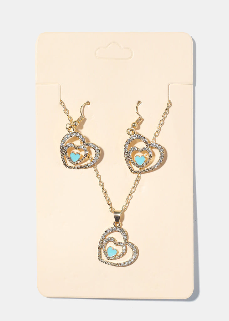 Double Heart Necklace with Earrings G. Blue JEWELRY - Shop Miss A