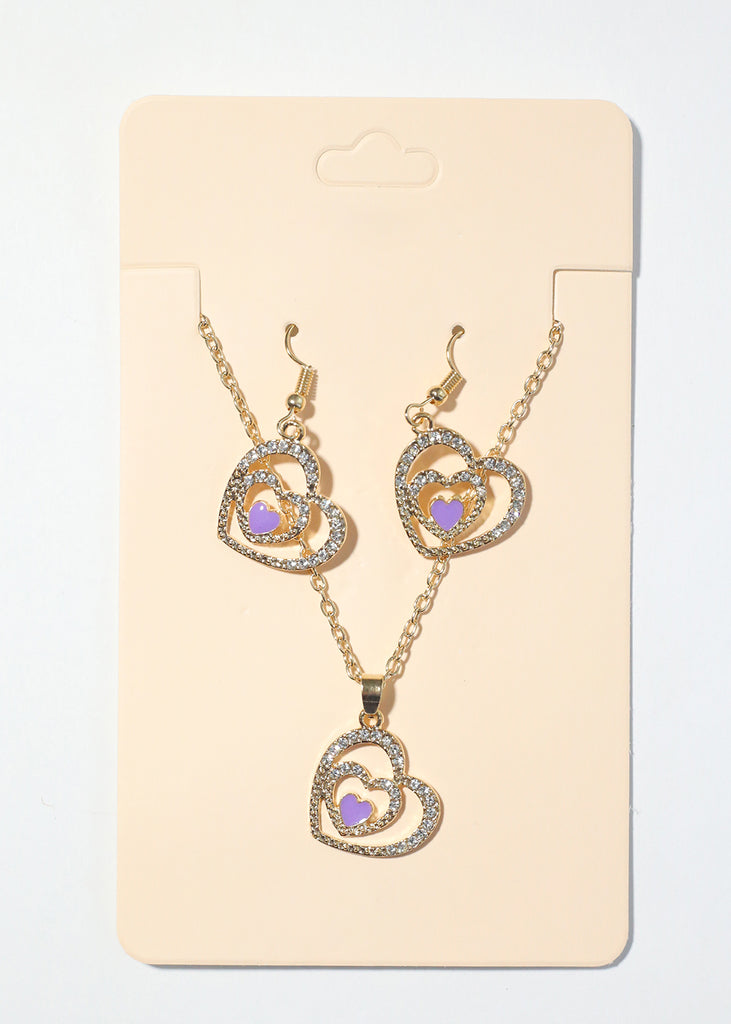 Double Heart Necklace with Earrings G. Purple JEWELRY - Shop Miss A