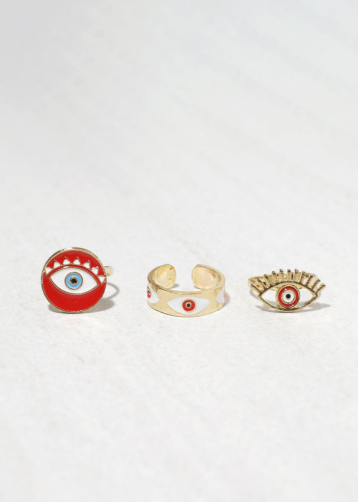 3 Piece Evil Eye Ring Set Red JEWELRY - Shop Miss A