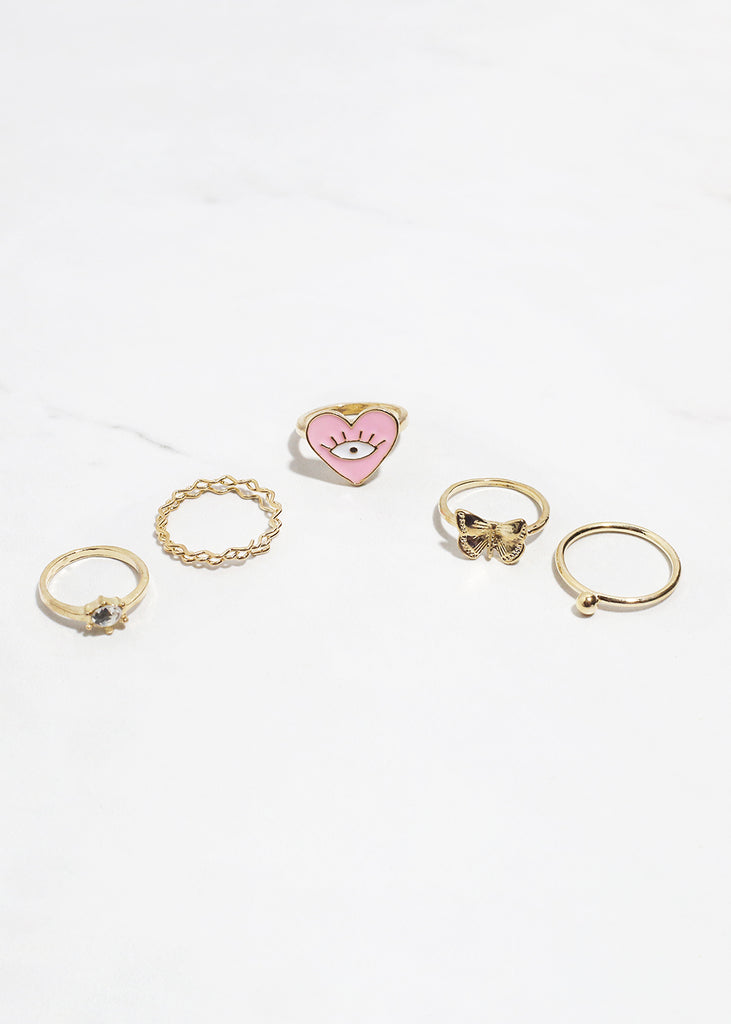 5 Piece Heart Evil Eye Ring G. Pink JEWELRY - Shop Miss A