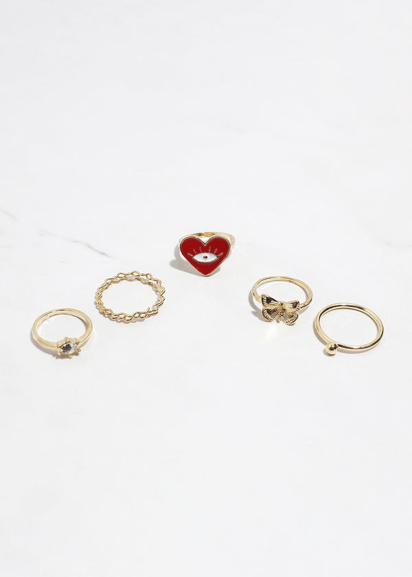 5 Piece Heart Evil Eye Ring G. Red JEWELRY - Shop Miss A