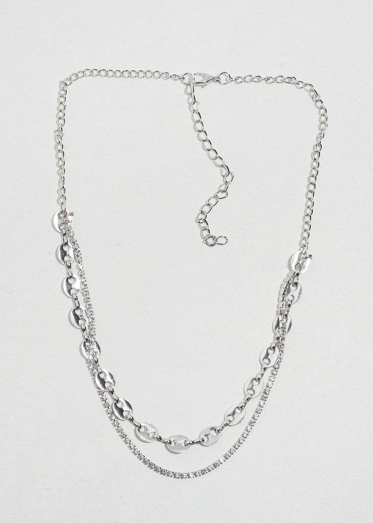 Layered Rhinestone Chain Necklace Silver JEWELRY - Shop Miss A