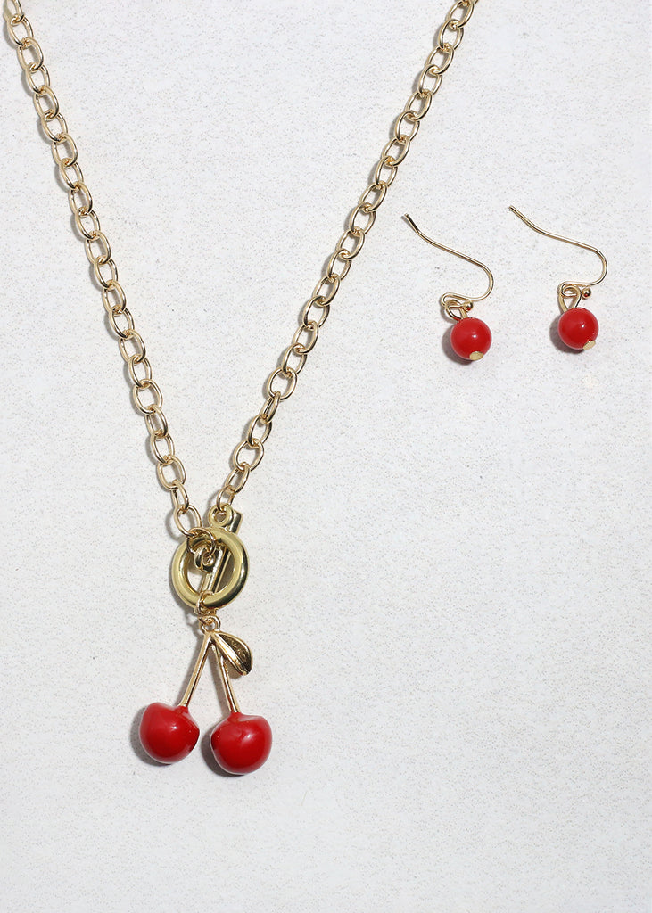 Cherry Charm Necklace & Earring Set JEWELRY - Shop Miss A