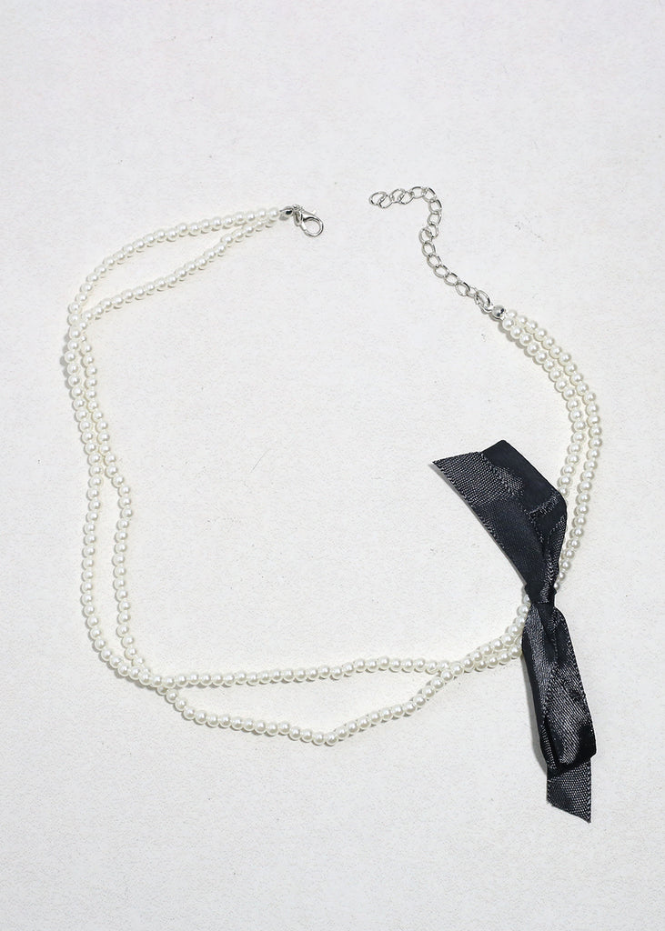 Audrey Pearl Ribbon Necklace Silver + Black Bow JEWELRY - Shop Miss A
